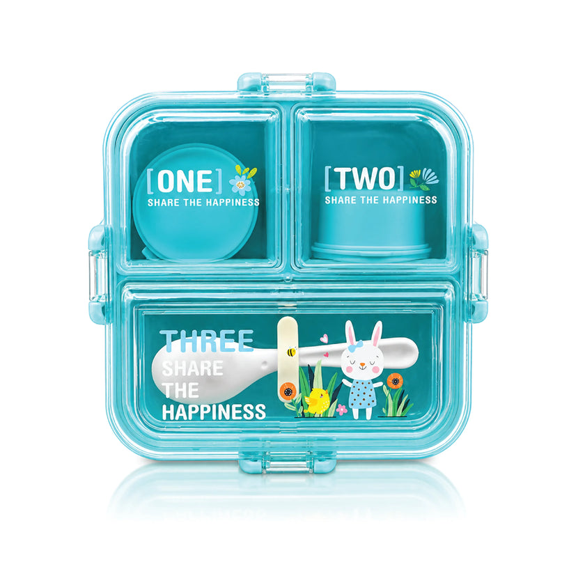 3-Compartment Lunch Box With Spoon | Aqua Blue